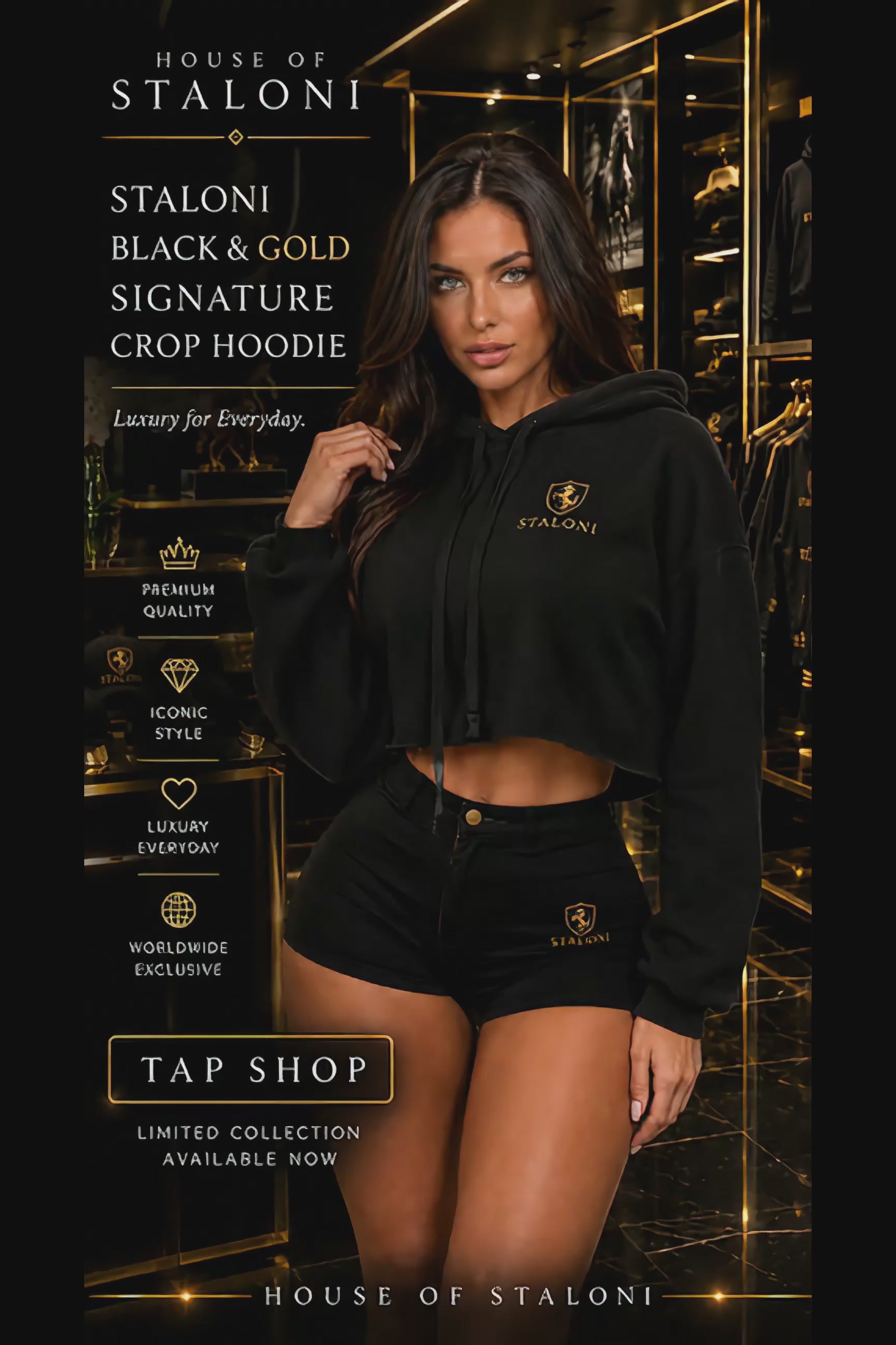 STALONI Black & Gold Signature Crop Hoodie