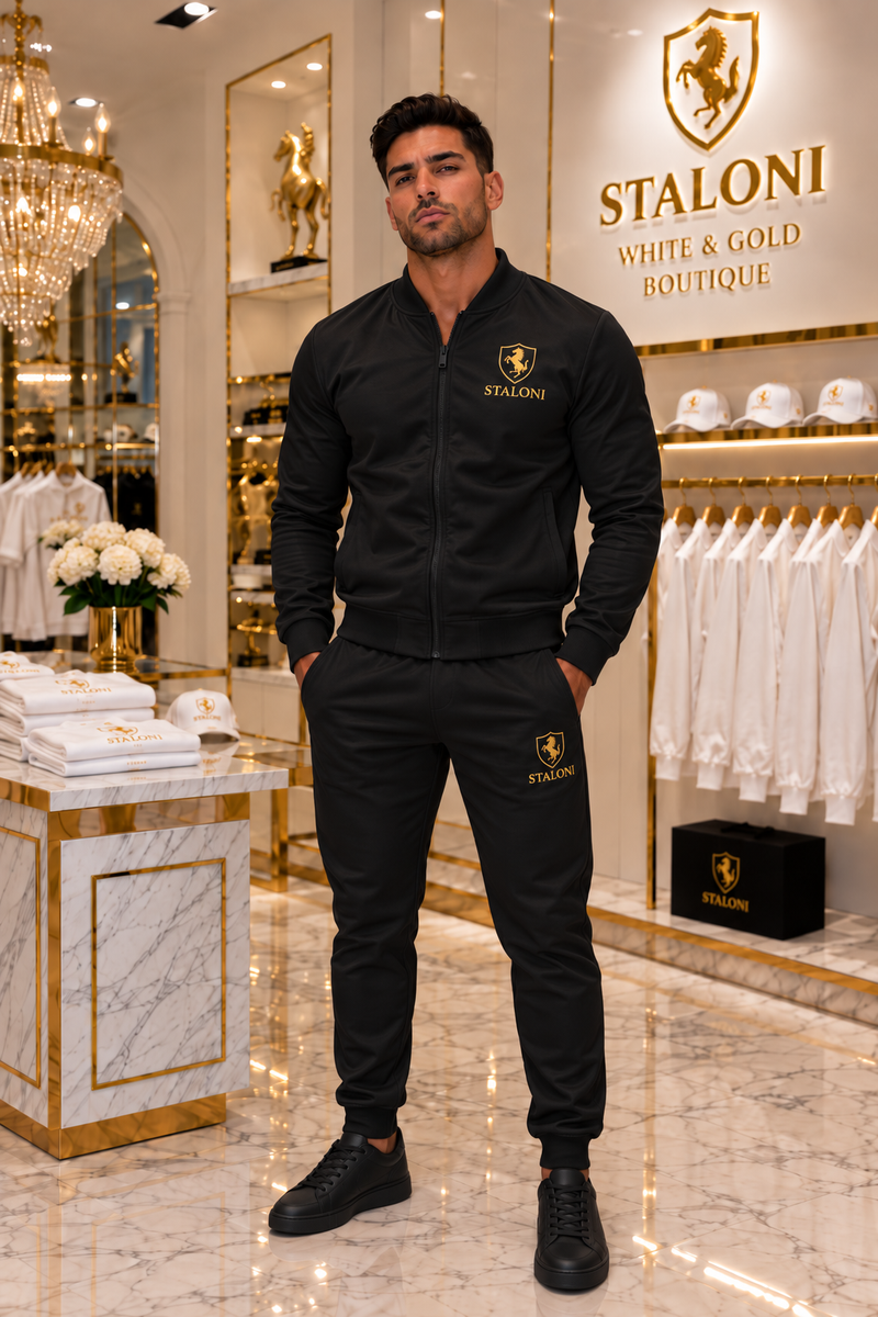 Black & Gold Bomber Jacket + Track Pants Set M