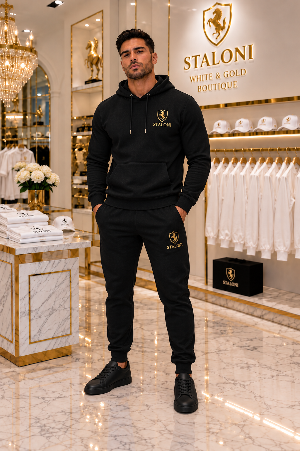 Black & Gold Hoodie + Track Pants Set M