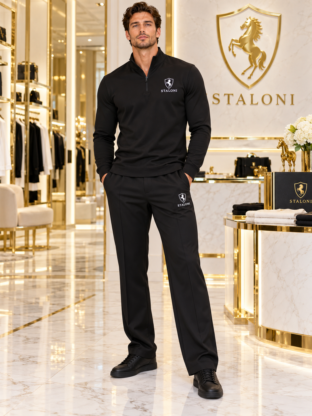 Black & White Quarter Zip + Relaxed-Fit Pants Set M