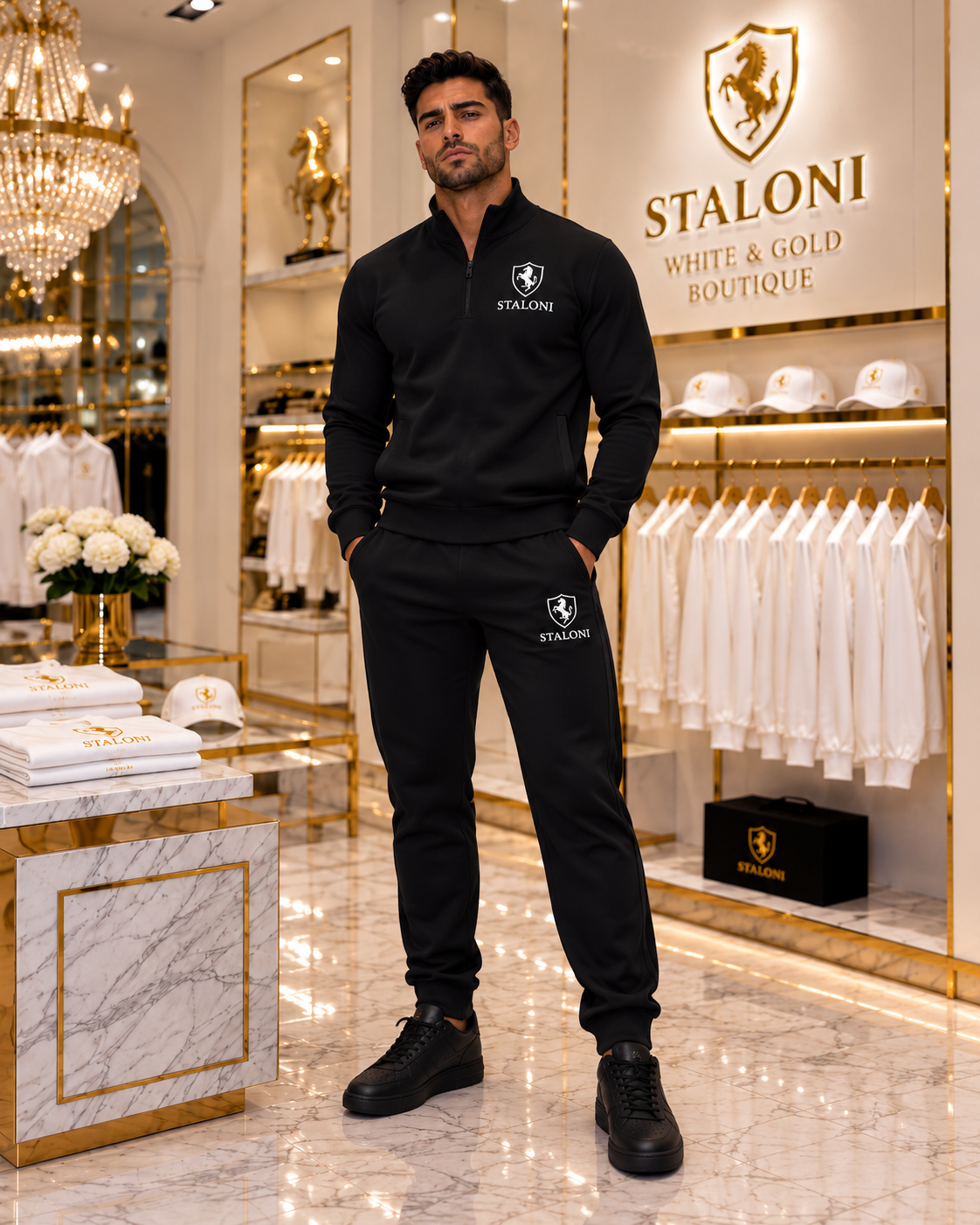 Black & White Quarter Zip + Track Pants Set M