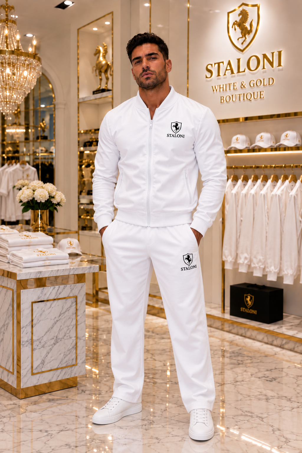 White & Black Bomber Jacket + Relaxed-Fit Pants Set M