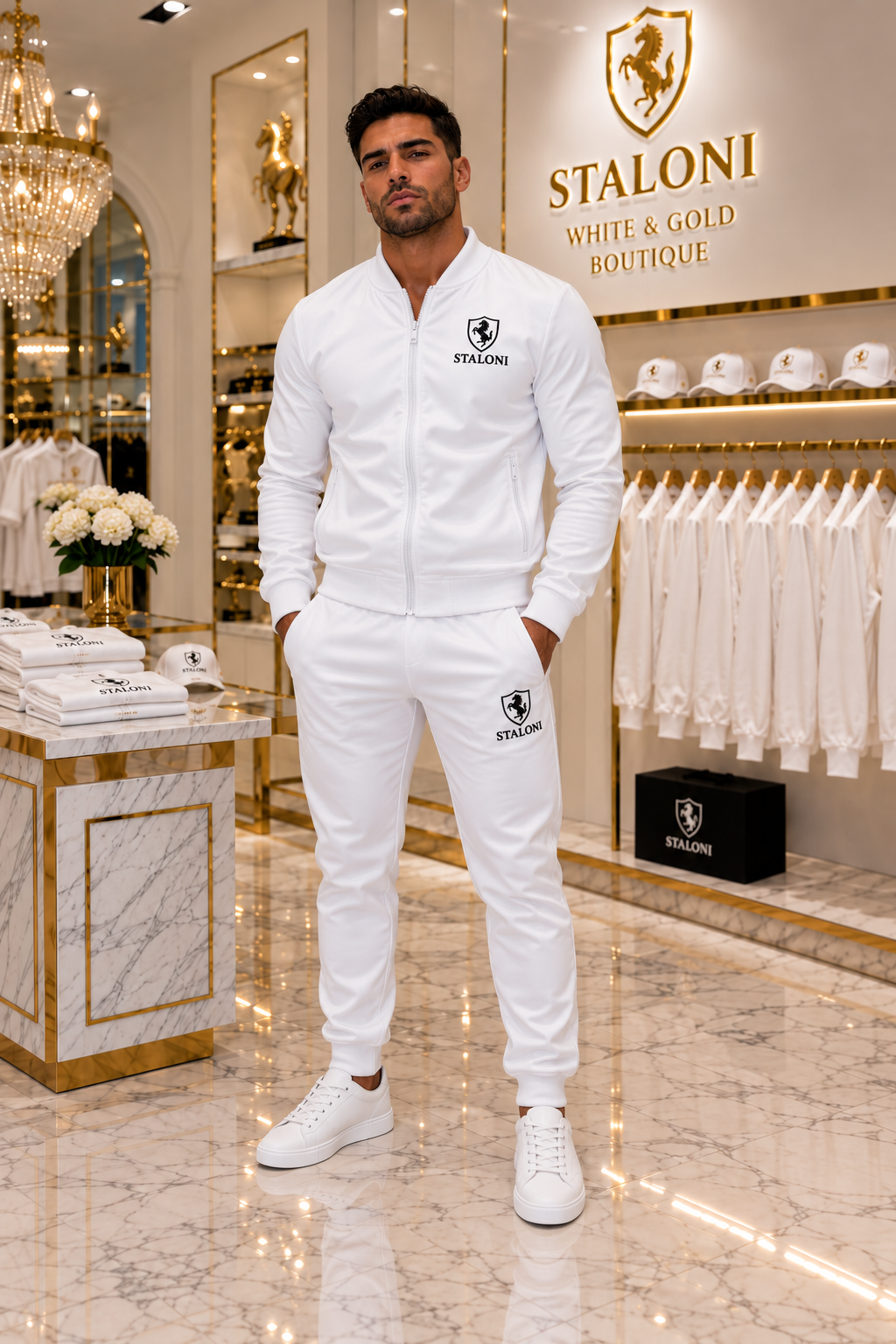 White & Black Bomber Jacket + Track Pants Set M