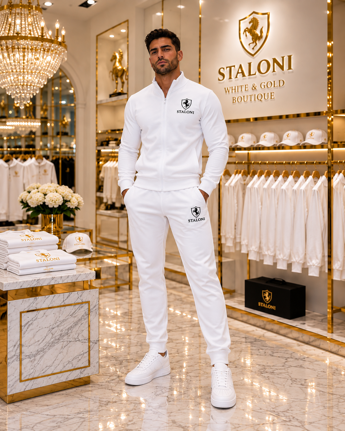 White & Black Quarter Zip + Track Pants Set M