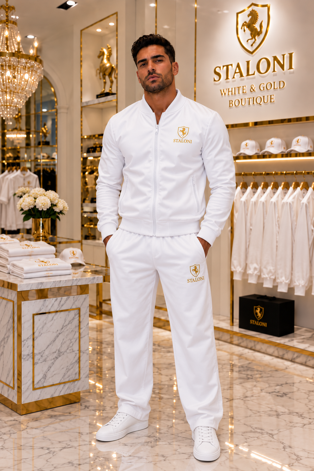 White & Gold Bomber Jacket + Relaxed-Fit Pants Set M