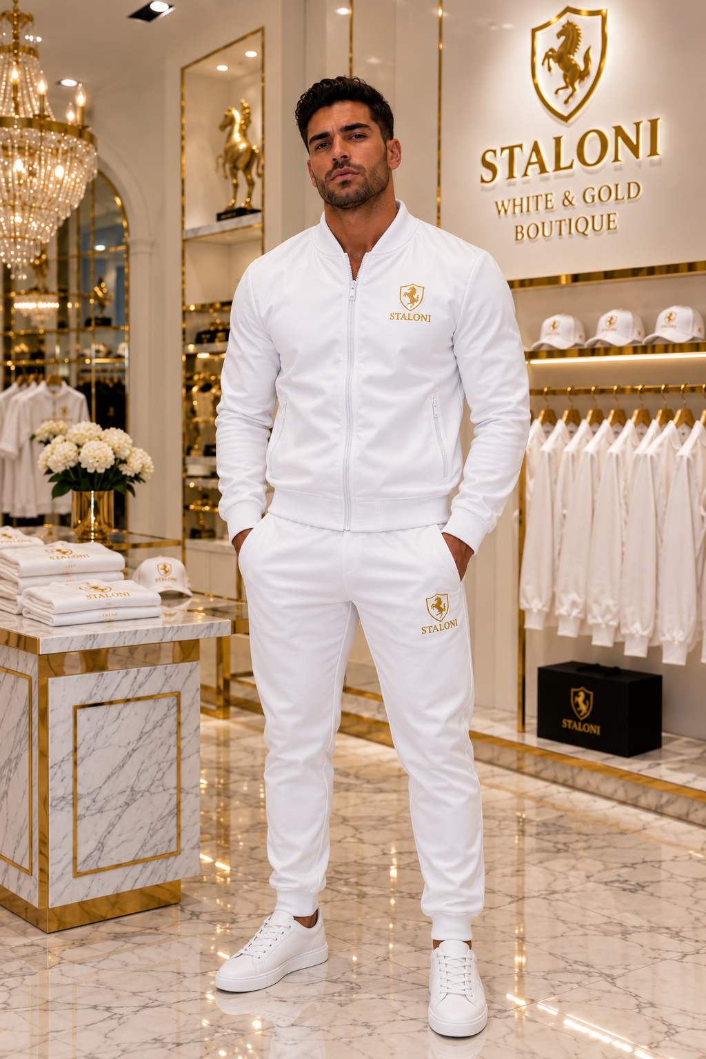 White & Gold Bomber Jacket + Track Pants Set M
