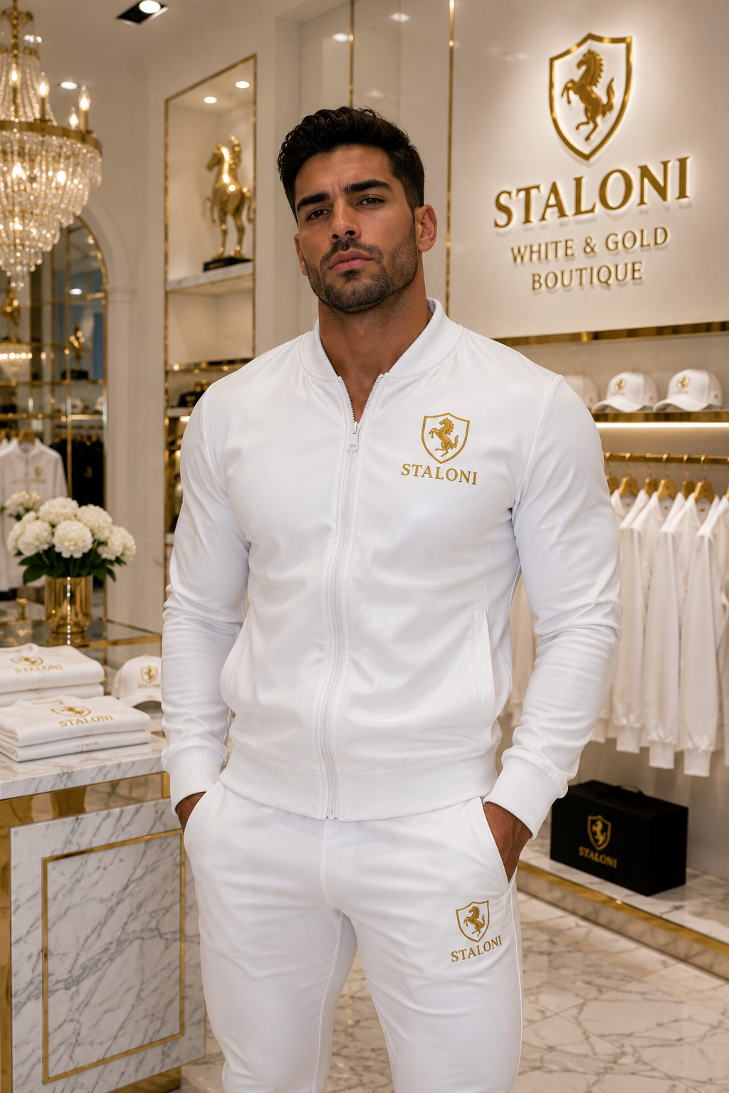 White & Gold Bomber Jacket M