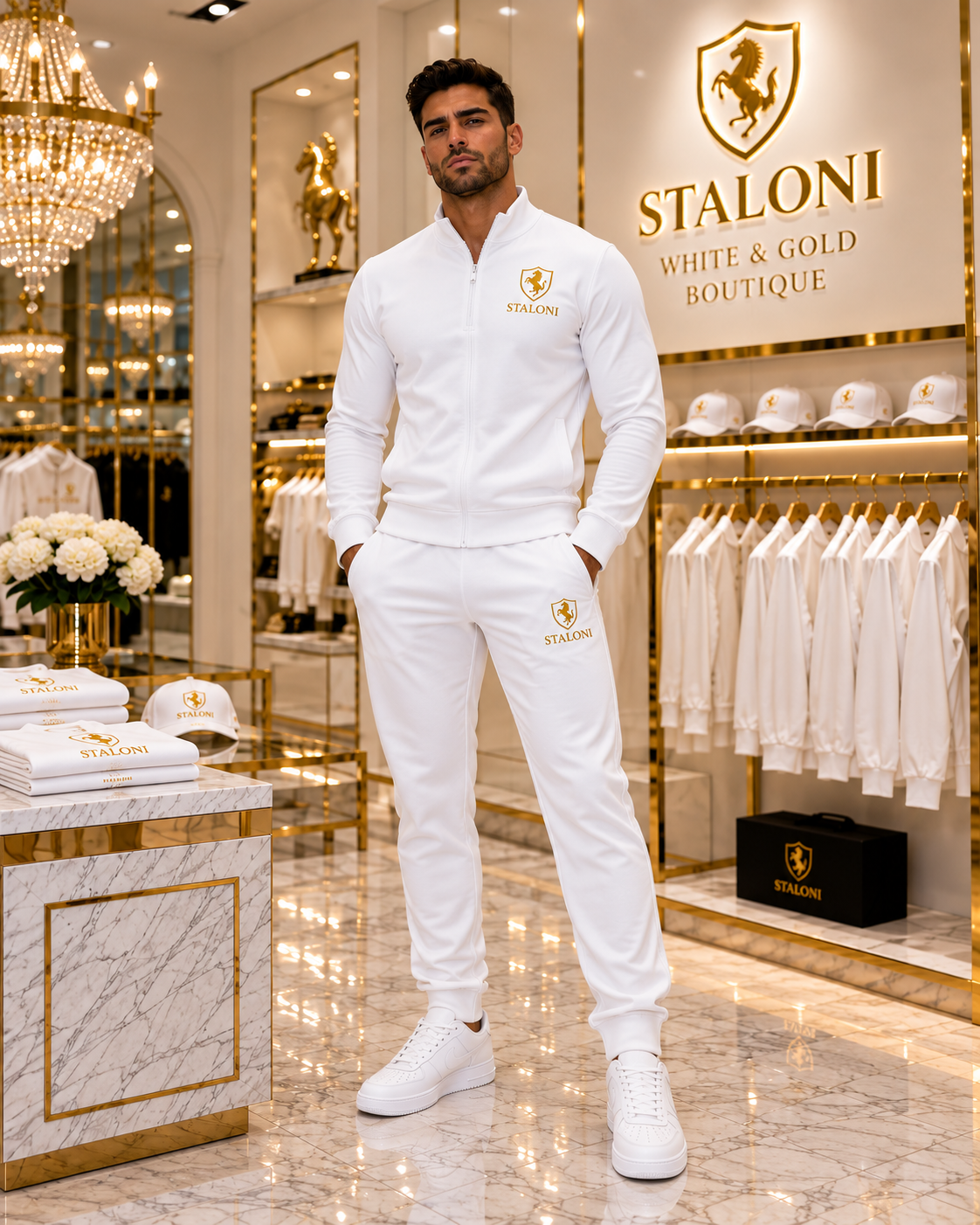 White & Gold Quarter Zip + Track Pants Set M
